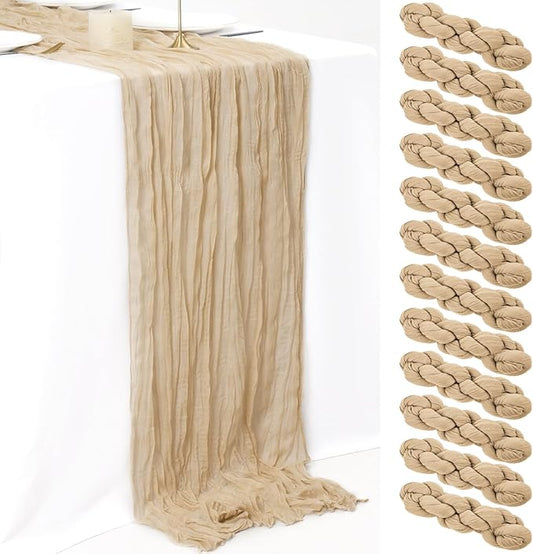 12 Pack 10Ft Beige Cheesecloth Table Runner 35 x 120 inch Boho Gauze Cheese Cloth Table Runner Vintage Rustic Sheer Runners for Wedding Bridal Shower Birthday Party Cake Table Decorations