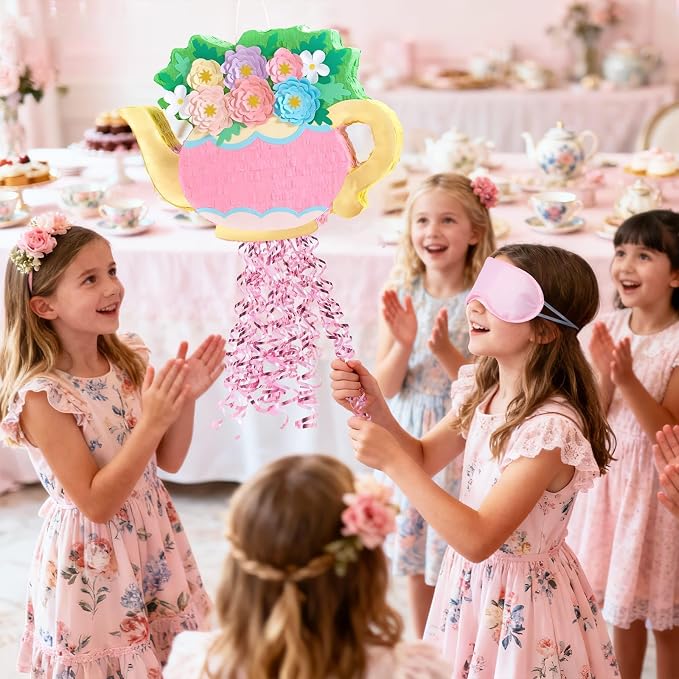 WERNNSAI Teapot Piñata - Tea Party Decoration Garden Flower Piñata for Afternoon Tea Party Decor Bridal Baby Shower Garden Party Supply Mother’s Birthday Favor with Blindfold Stick