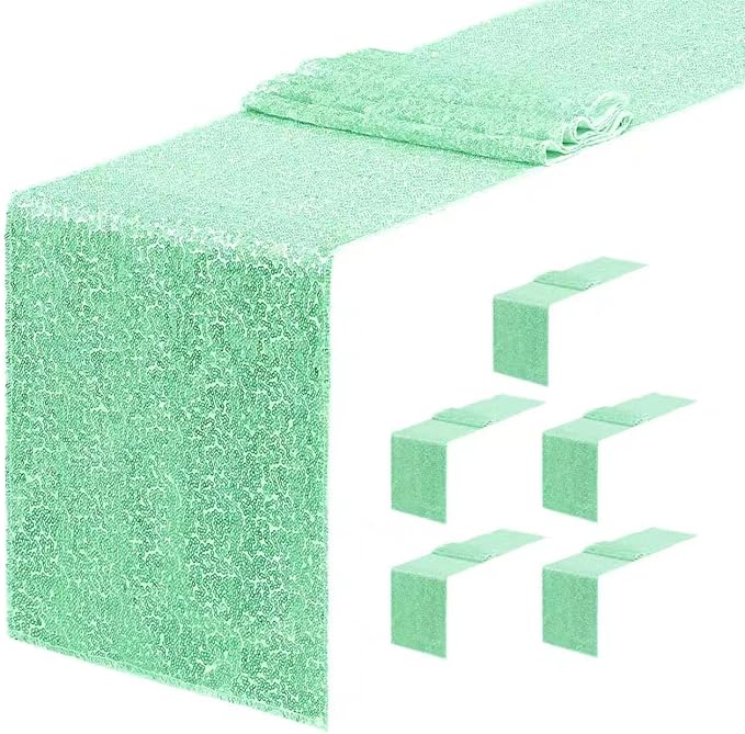 6 Packs 12 x 72 inches Sequin Table Runner, Mint Green Glitter Table Runner for Birthday Party Supplies Wedding Engagement Baby Shower Holiday Celebration Event Decorations