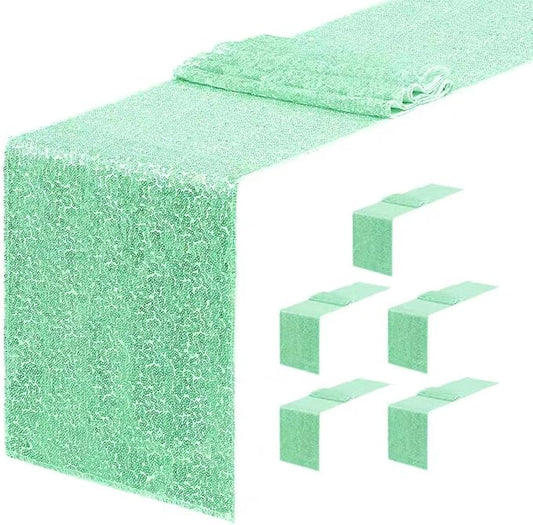 6 Packs 12 x 72 inches Sequin Table Runner, Mint Green Glitter Table Runner for Birthday Party Supplies Wedding Engagement Baby Shower Holiday Celebration Event Decorations