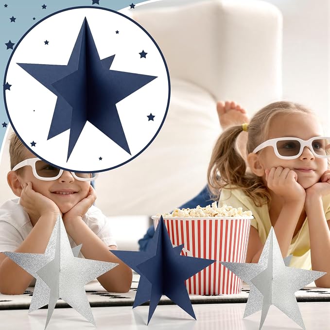 Sinload 18 Pcs Large 3D Glitter Star Decorations Back to School Work Navy Blue Silver Star Centerpiece Standing Hanging Decor for School Centerpiece Starry Movie Night Themed Party Decor