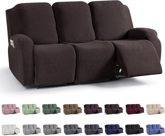 KinCam Recliner Sofa Covers, Stretch Reclining Couch Covers, Recliner Sofa Slipcovers Stripe Jacquard Recliner Couch Cover Furniture Protector Covers for Pet Kid (3 Seater, Chocolate)