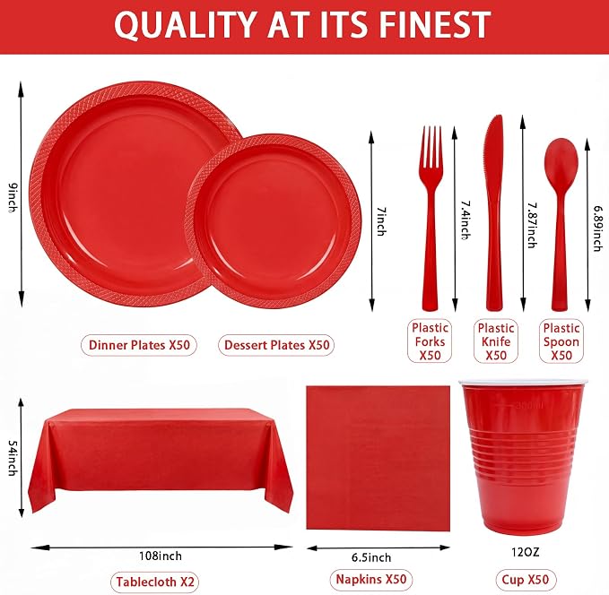 352 Pcs Red Plastic Plates Party Set, 50 Guests Disposable Dinnerware Set with Red Tablecloths, Bold Red Plastic Plates Party Set for Wedding/Valentine's Day/Christmas/Holiday Party