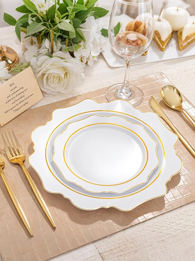 WDF 100PCS White and Gold Plastic Plates - Gold Disposable Plates - Include 50 Dinner & 50 Dessert Plate for Party - Heavy Duty Fancy Plastic Plate for Wedding/Bridal shower/Mother's Day