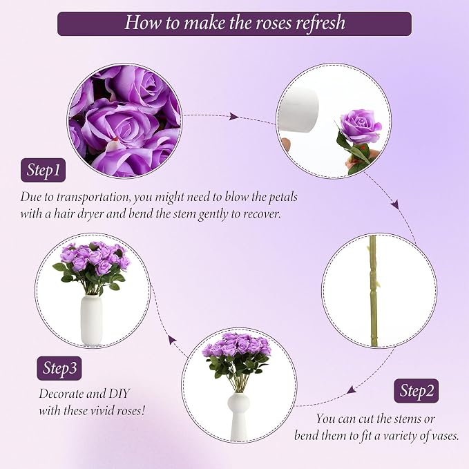 Hotop 20 Pcs Artificial Rose Flowers with Long Stem, Real Lifelike Silk Realistic Plastic Bouquet Roses Bulk for Home Decor Bridal Wedding Party Table Centerpieces Decorations(Purple)