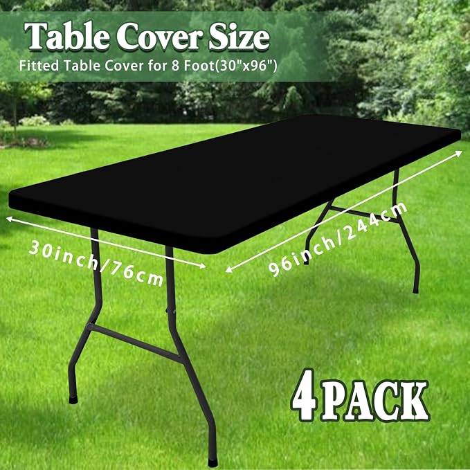 4 Pack Picnic Table Cover Fitted Tablecloth for 8 Foot Rectangle Tables Elastic Waterproof Stretch Washable Patio Folding Outdoor Spandex Table Cloth for Camping Banquet and Parties (Black,30" x 96")