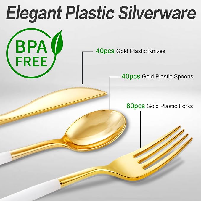160Pcs White Gold Plastic Silverware Set, Disposable Gold Cutlery with 80 Forks, 40 Knives and 40 Spoons, Heavy Duty Utensils for Party, Wedding and Dinner