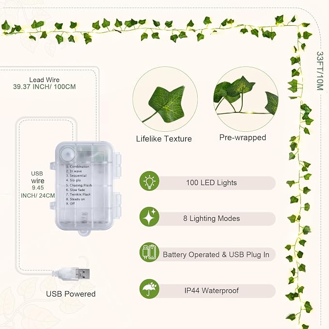 JMEXSUSS 100 LED Vines with Fairy Lights USB/Battery Operated, 33 FT Ivy Vine Lights with Remote, Fake Leaf String Lights for Bedroom Classroom Wall Dorm Garden Wedding Decor (Warm White)