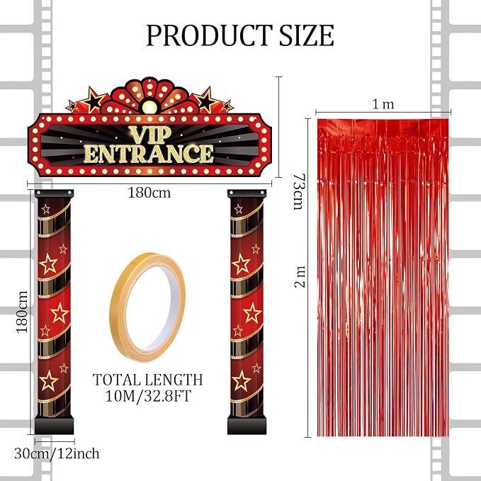 Peryiter 5 Pcs VIP Entrance Movie Night Party Decorations Set, Film Theme Door Banners Red and Black Tinsel Curtains, Double Sided Tape for Movie Night Film Party Supplies