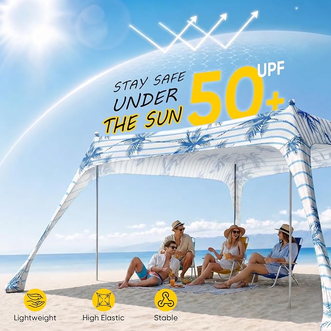 Sekey Aluminum Beach Shade Sun Shelter UPF 50+ - 10x10 FT Portable Beach Canopy with Windproof Rope & Stability Poles, Easy Setup Outdoor Tent for Camping, Backyard, Fishing, Picnics