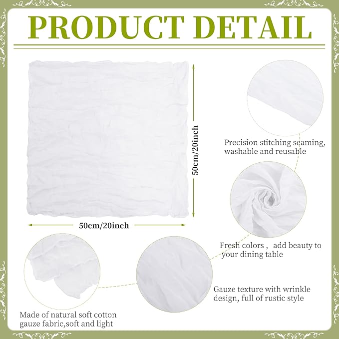 60 PCS White Gauze Cheesecloth Napkins,20x20 Inch Gauze Napkin Rustic Wrinkled Cheesecloth Napkin Bulk Washable Dinner Table Napkins for Wedding Party Bridal Shower Baby Shower Events Decor