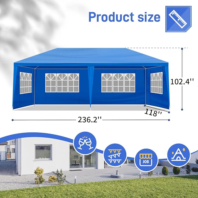 10x20 Canopy Tent for Parties, Heavy Duty Waterproof Outdoor Tent with 6 Detachable Sidewalls & Window Panels, Large Event, Wedding & Backyard Shelter, Commercial & Personal Use, Blue