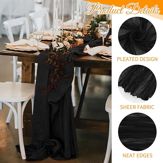 10 Pack Black Cheesecloth Table Runner 17x108 Inch Semi Sheer Boho Gauze Cheese Cloth Table Runners, for Wedding Bridal Shower Birthday Party Home Decor Garden Farmhouse