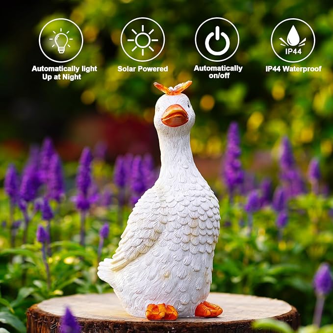 Goodeco Garden Goose Statue with Solar Butterfly - Outdoor Goose Decor for Unique Gifts for Mom & Garden Lovers (Off White)