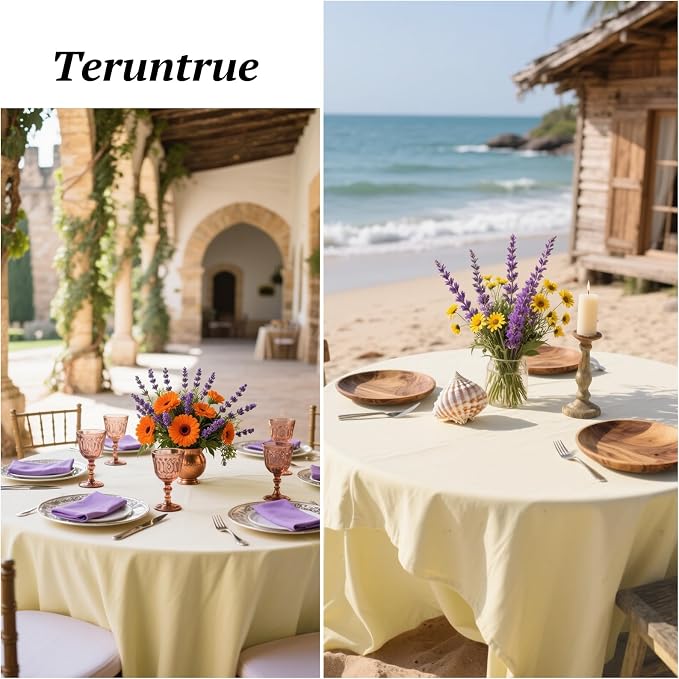Teruntrue 12 Packs Beige Round Tablecloths 90 inch Round Table Cloth, Washable Polyester Fabric for Wedding Parties Banquet Holiday Dinner Table Decorative, Beige