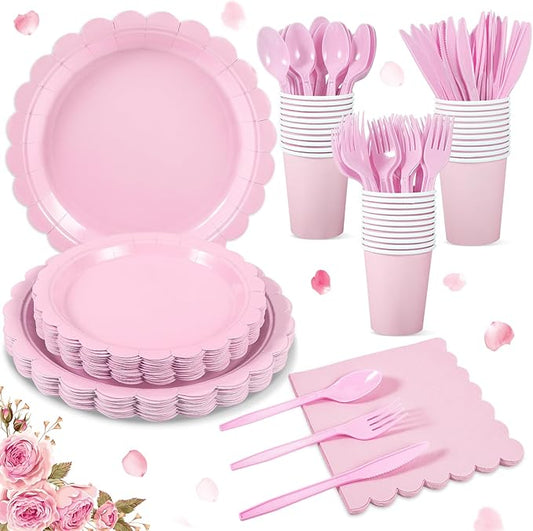 175 Pcs Pink Plates and Napkins, Pink Mothers Day Decorations Include Scalloped Birthday Plate Napkins Cups Plastic Cutlery Disposable Dinnerware for Wedding, Bridal Baby Shower
