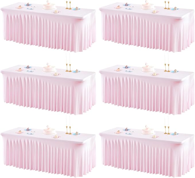 6 Packs Pink Table Clothes for 6 Foot Rectangle Tables, One-Piece Wrinkle Resistant Stretch Spandex Table Covers with Skirt for Event Banquet Wedding Birthday Party