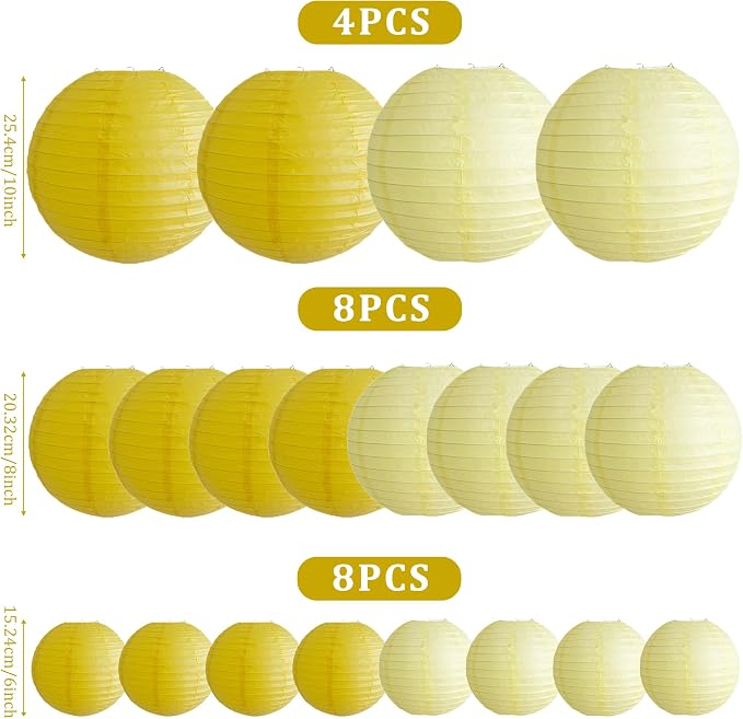 20Pcs Yellow Paper Lanterns Decorative, 6"8"10" Hanging Round Paper Lanterns Decorative for Bridal Shower Baby Shower Engagement Wedding Birthday Party