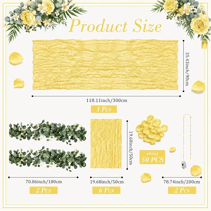 Cinrobiye 11PCS Boho Cheesecloth Table Runner Set 120'' Gauze Table Runner with Wrinkled Napkins Eucalyptus Garland and String Lights for Wedding Baby Shower Tea Party Table Decorations (Lemon yellow)
