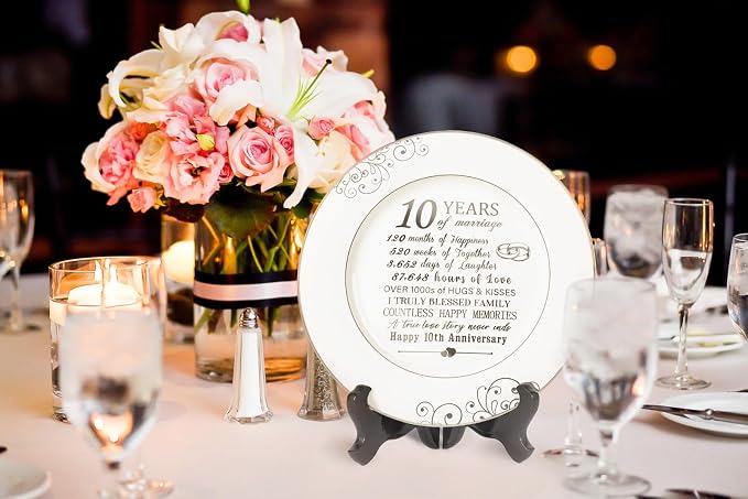Urllinz 10th Anniversary Plate with Platinum Foil Decorations - 10 Year Wedding Tin Gifts for Her Couples Wife Him Husband, Ceramic 9"