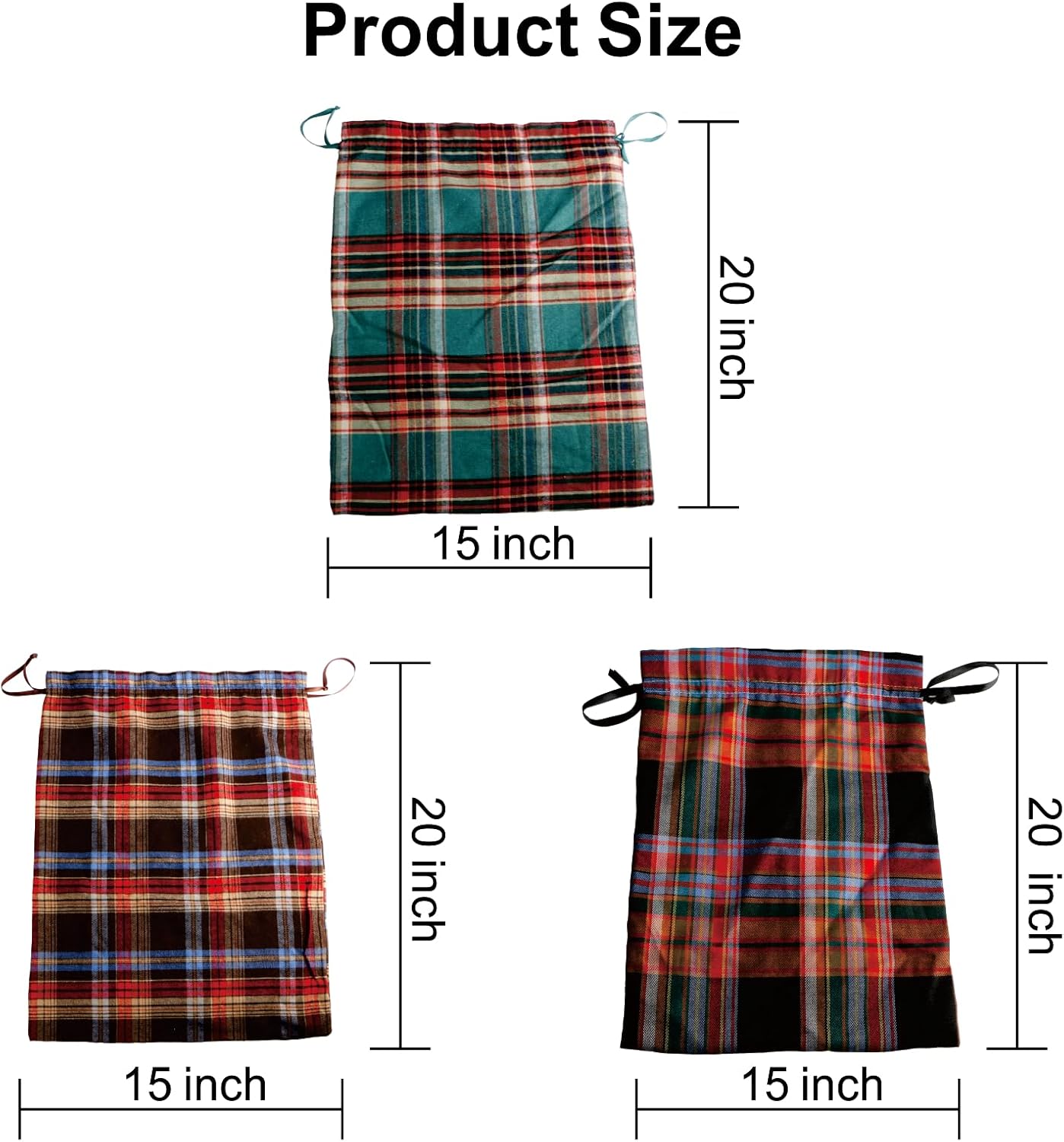 Meseey Large Christmas Gift Bags with Drawstrings Red Green Buffalo Plaid Reusable Sacks Bags Brown Black Gingham Pouch Bag for Thanksgiving Party Gift Wrapping(3 color, 15x20 Inch)