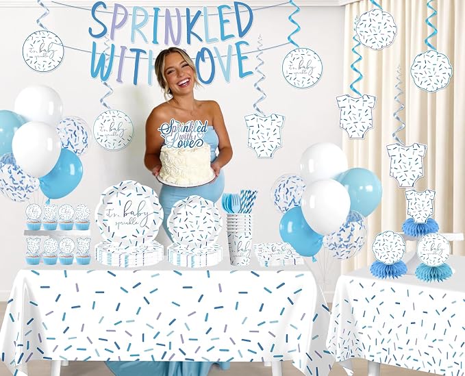 Xynic 205Pcs Baby Sprinkle Decorations Tableware Set Serves 25 Guests Sprinkled with Love Baby Shower with Blue Confetti Plates, Napkins, Tablecloths, Banner, and Cake Toppers for Boy
