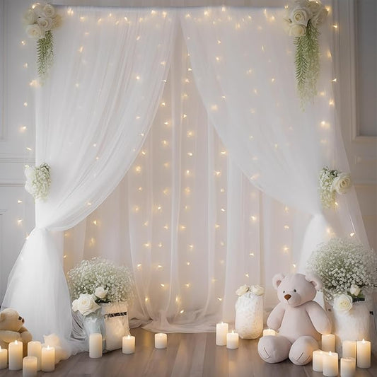 20×8ft White Tulle Curtain Backdrop with Lights String for Parites, Sheer Backdrop Curtain Drapes for Wedding Photo Baby Shower Photography Birthday Party