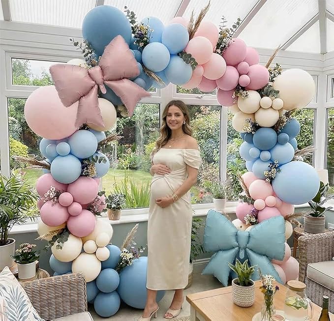 Double Stuffed Gender Reveal Balloon Arch Garland Kit 2 Large Foil Bow Balloons,Pink Blue Ivory Pastel Party Balloon for He or She, Boho Baby Shower,1st Birthday