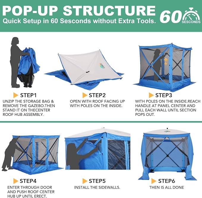 COBIZI 6x6 FT Pop up Gazebo, Popup Canopy Tent, Waterproof Screened in Gazebos,Portable Outdoor Small Screen Tents Sun Shelter,carpas para Patio for Camping, Garden and Backyard,Blue