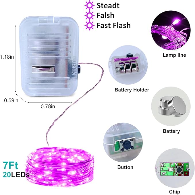 Pink Led Fairy Lights Battery Operated, 12 Pack LED Mini String Lights, 7FT 20LED Silver Wire Firefly Starry Moon Lights Fairy String Light for Gender Reveal Party Wedding Valentine Mothers Day Decor