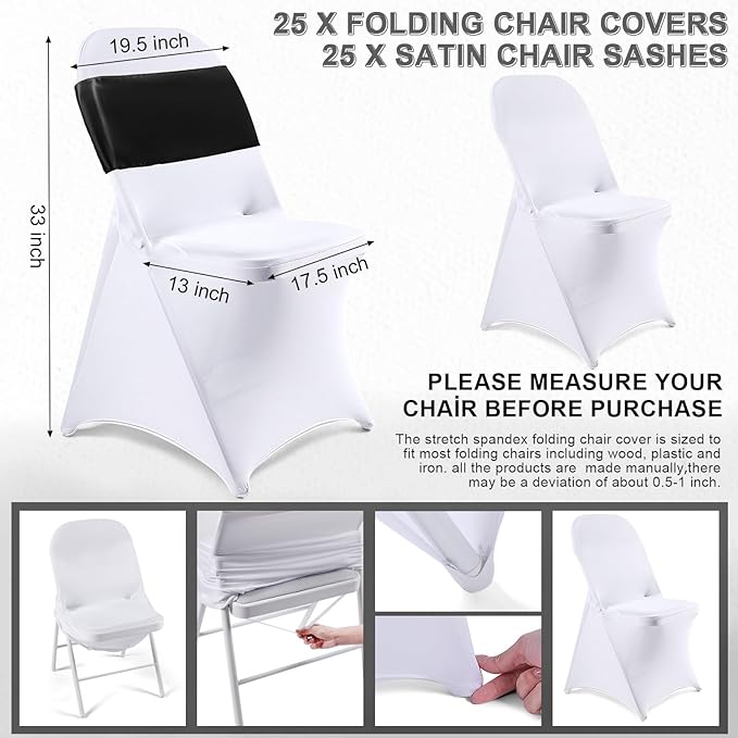 Lounsweer 50 Pcs Folding Chair Cover Set with 25 Stretch Spandex Slipcovers 25 Satin Chair Sashes Bows Ribbon Washable Banquet Protector for Wedding Event Party(White, Black)