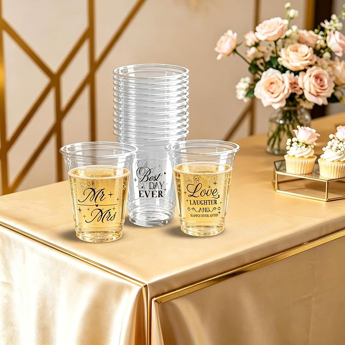 100 Pcs Wedding Plastic Cups 12 oz Mr and Mrs Disposable Cups Wedding Reception Drinking Cups for Bridal Shower Engagement Bachelorette Party Anniversary Decor