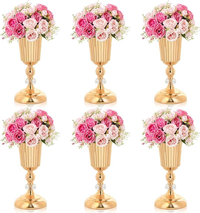 11.6 inches Metal Wedding Flower Trumpet Stripe Vases Table Centerpieces for Artificial Flower Arrangements for Anniversary Celebration/Wedding/Party/Birthday Event Aisle Home Decor (Gold, 6pcs)