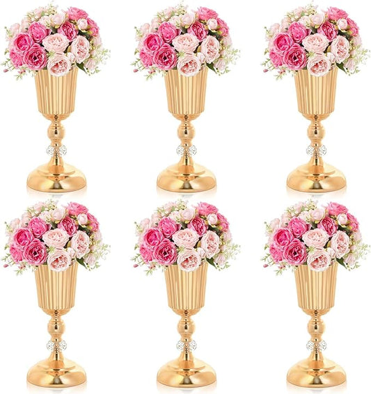 11.6 inches Metal Wedding Flower Trumpet Stripe Vases Table Centerpieces for Artificial Flower Arrangements for Anniversary Celebration/Wedding/Party/Birthday Event Aisle Home Decor (Gold, 6pcs)