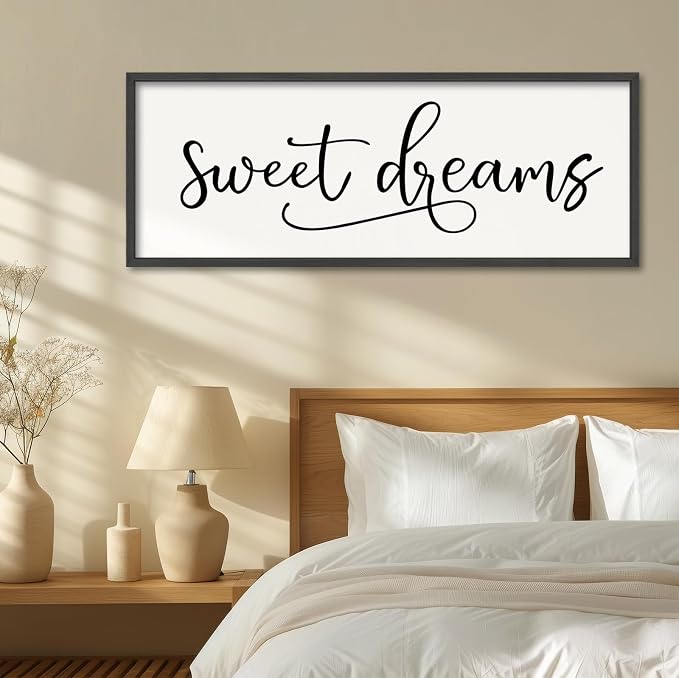 YWJKWLGS Sweet Dreams Wall Decor Signs Above Bed Bedroom Wall Art Over Bed | 40x15 Inch Farmhouse Handwritten Art Large Rustic Black Wood Framed Master Guest Room Kids Room Wall Hanging