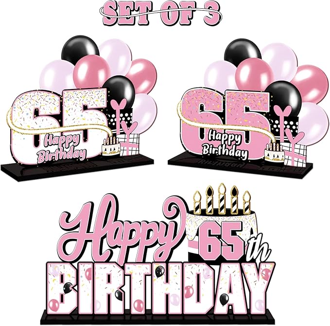 LINGTEER Happy 65th Birthday Pink Acrylic Table Topper Centerpieces Set - Cheers to 65 Years Old Birthday 65th Bday Party Gift Decorations.