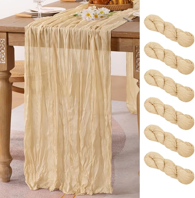 MLMC 6 Pack Champagne Cheesecloth Table Runner 10ft Sand Rustic Gauze Cheese Cloth Table Runner 65x120 Inches for Farmhouse Cozy Holiday Outdoor Events Home Decor