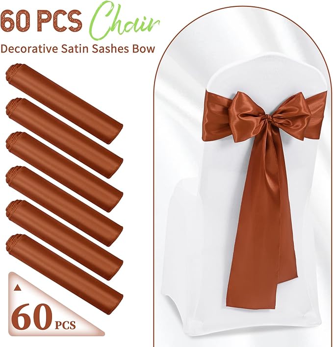 60 PCS Terracotta Satin Chair Sashes, Ties Bows Designed Chairs Decorative, Chair Cover Sashes for Thanksgiving Wedding Christmas Banquet Party Home Kitchen Decoration (7 x 108 inch)