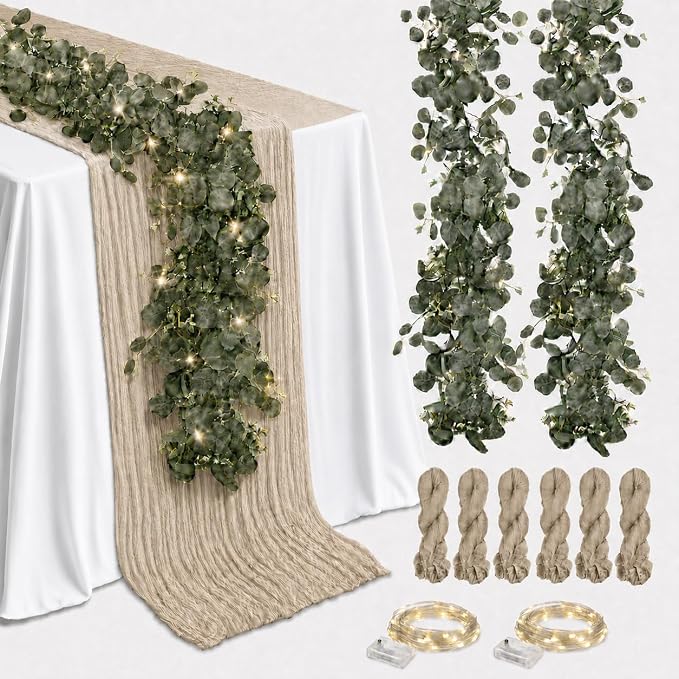 Cinrobiye 11pcs Cheesecloth Table Runner Set 120 Inch – Gauze Table Runner with Napkins, Eucalyptus Garland & String Lights for Wedding Baby Shower Table Decor, Rustic Boho