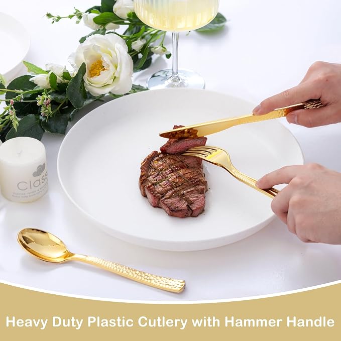 Supernal 180pcs Gold Plastic Silverware Set, Heavy Duty Disposable Cutlery for 60 Guests，Hammered Gold Utensils with 60 Forks, 60 Spoons, 60 Knives for Wedding, Party & Catering