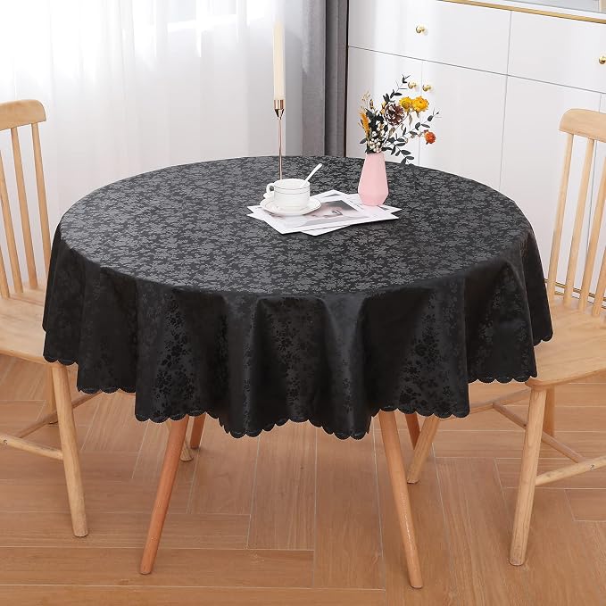 Smiry Round Table Cloth, Waterproof Heavy Duty Vinyl Tablecloths, Wipeable Washable Table Cover for Kitchen and Dining Room (Black, 60" x 60")