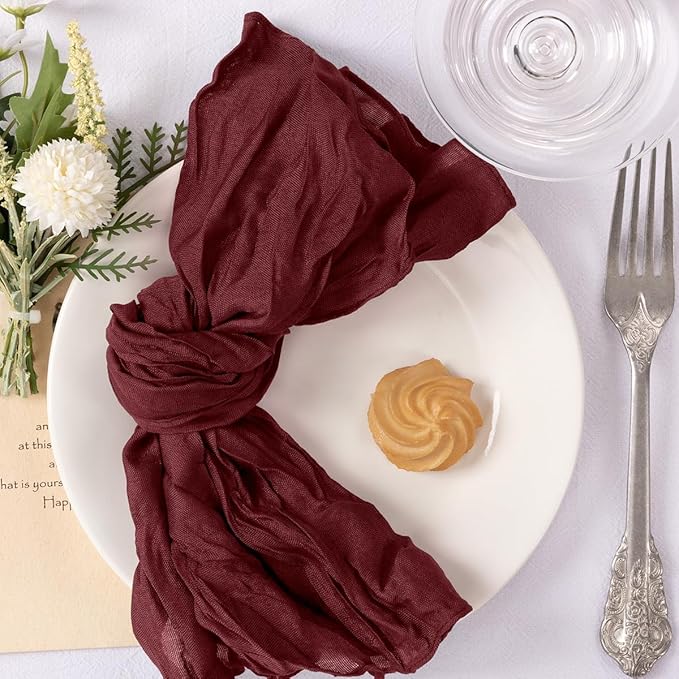 MLMC 24 Pack Cheesecloth Napkins Wedding Napkins 21"x21" Boho Reusable Napkins in Bulk for Wedding Bridal Baby Shower Events Table Decor Burgundy