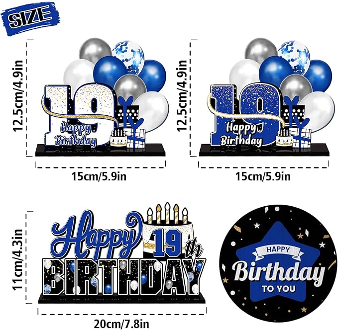 LINGTEER Happy 19th Birthday Blue Acrylic Table Topper Centerpieces Set - Cheers to Nineteen Years Old Birthday 19th Bday Party Gift Decorations.