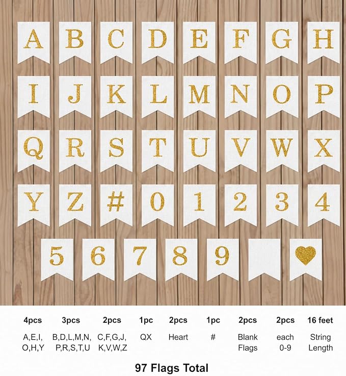 Pre-Printed Banner Kit – 97 White CANVAS Flags with GOLD Letters, Numbers & Symbols, Reusable DIY Custom Banner, Make Your Own Personalized Party Banner, Faux Burlap, Includes Twine & 2 Needles