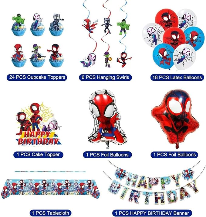 For Cartoon spidey themed birthday party supplies. These decorations include "Happy Birthday" banners, tableware, tablecloths, balloons, large and small skewers, and party-themed decoration sets.
