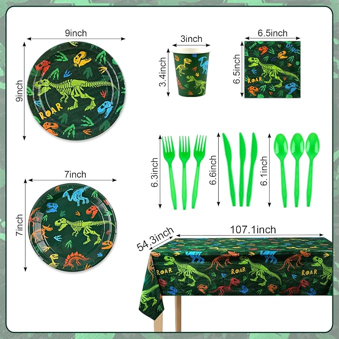 352pcs Dinosaur Birthday Party Decorations For Boys, Dinosaur Themes Birthday Party Supplies Serve 50 with Disposable Plates,Napkins,Cups,Cutlery Set, ,Tablecloth