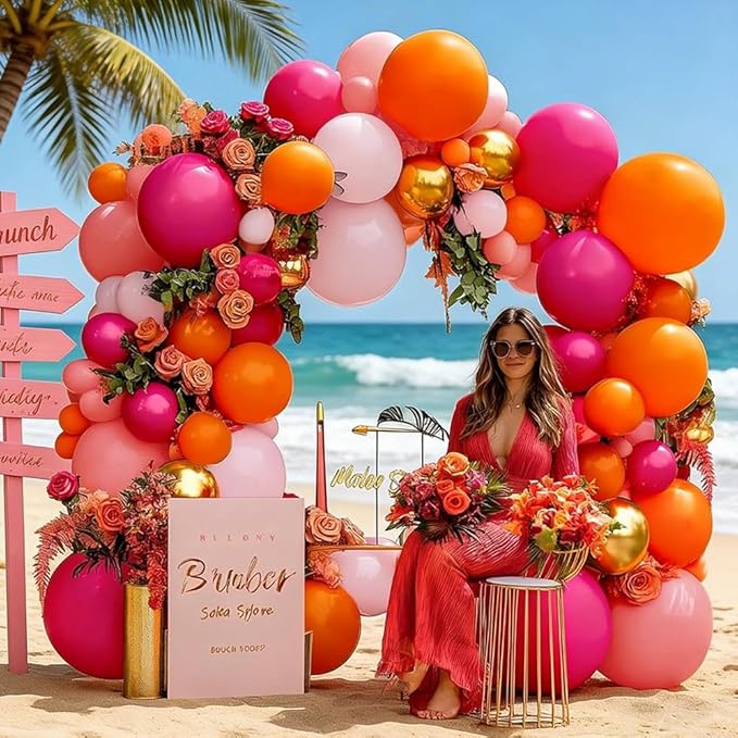 Pink Orange Balloon Garland Double Stuffed Hot Pink Orange Gold Metallic Pastel Balloon Arch Kit for Birthday Baby Bridal Shower Wedding Mother's Day Tropical Party Decorations