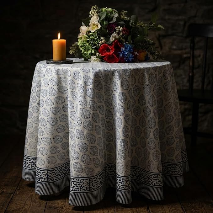 ATOSII Amalfi 100% Cotton Round Tablecloth, Handblock Print Floral Table Cloth for Kitchen Dining Linen I Parties, Weddings, Outdoors, Spring Summer I 90" Inches Round