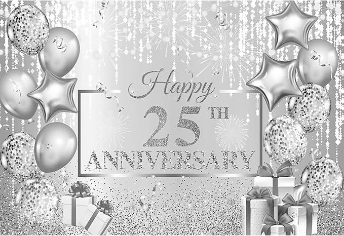 9x6ft Happy 25th Anniversary Backdrops for Photoshoot Silver Wedding 25th Anniversary Decorations 25th Wedding Anniversary Backdrops Photography for Anniversary Party Banner Adults Props