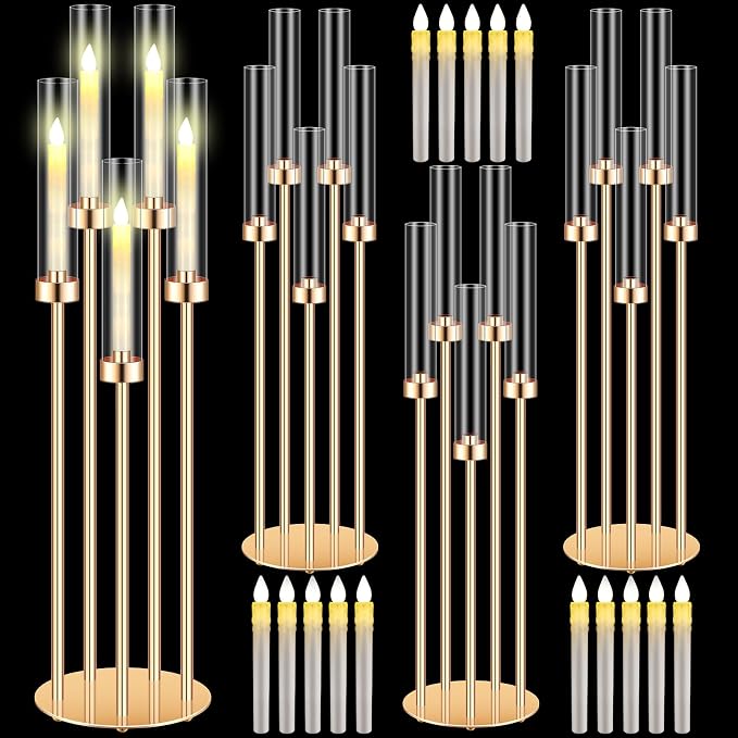 Tandefio 4 Set 5 Arm Gold Candelabra Centerpieces for Table, 35'' Tall Wedding Metal Candlestick Floor Holder Acrylic Clear Lampshades with 20 LED Candles for Wedding Party Event Table Fireplace Decor